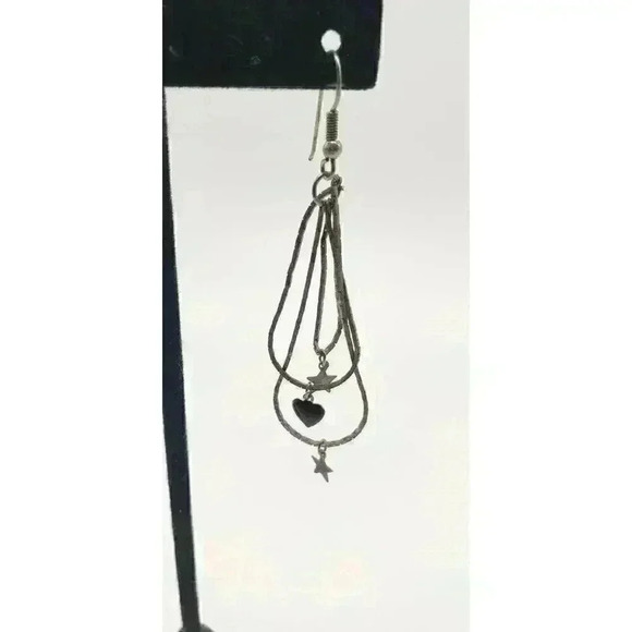 Vintage Silver Earrings Long Herringbone Chains Star Moon Charms 80s Dangle - Picture 6 of 9